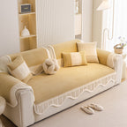 Washable Sofa Throw Pad, Non-Slip Sofa Mat Cozy Couch Slipcover with Soft Furry Trim