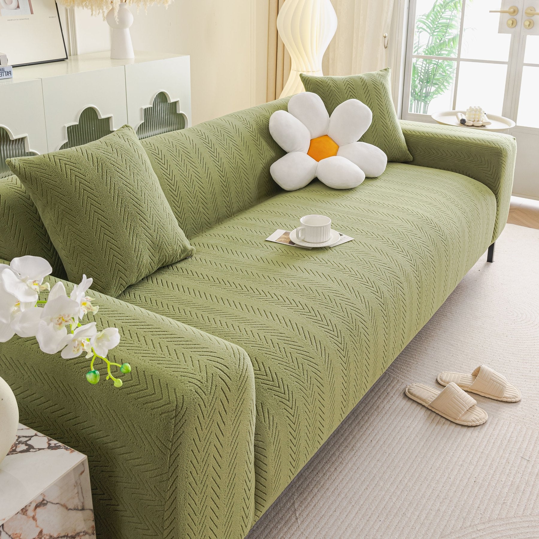 High Stretch Herringbone Textured Slipcover for Standard & L-Shaped Sectional Couches