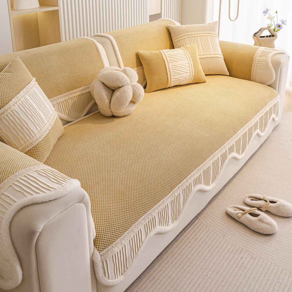Washable Sofa Throw Pad, Non-Slip Sofa Mat Cozy Couch Slipcover with Soft Furry Trim