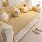 Washable Sofa Throw Pad, Non-Slip Sofa Mat Cozy Couch Slipcover with Soft Furry Trim