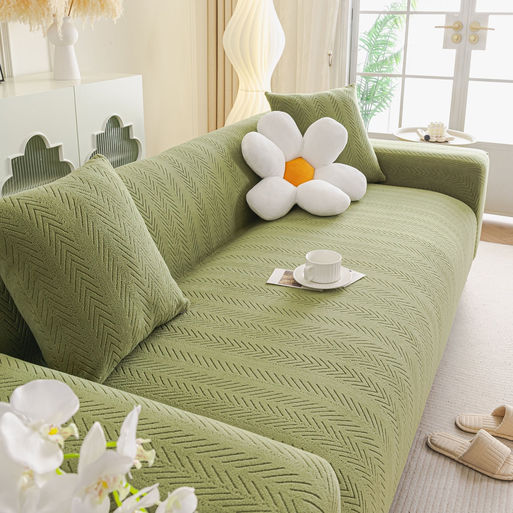 High Stretch Herringbone Textured Slipcover for Standard & L-Shaped Sectional Couches