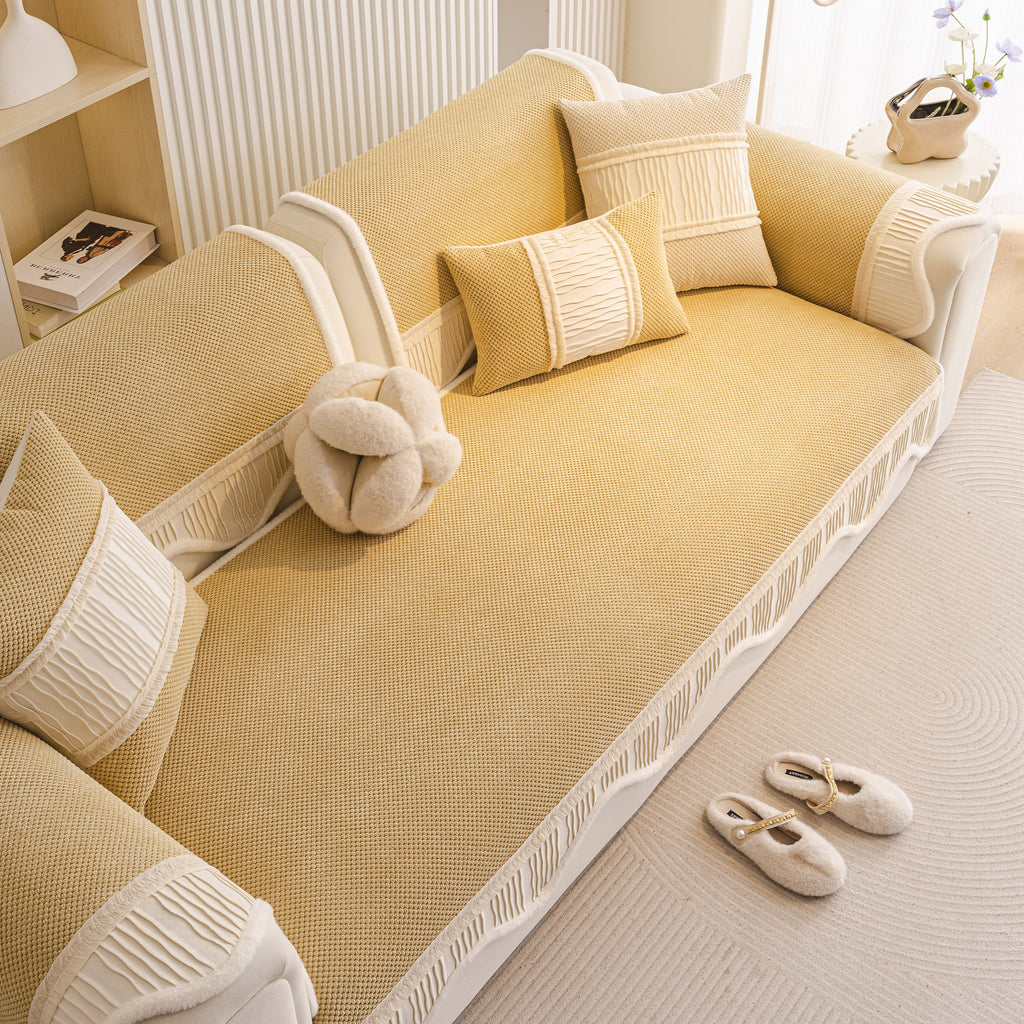 Washable Sofa Throw Pad, Non-Slip Sofa Mat Cozy Couch Slipcover with Soft Furry Trim