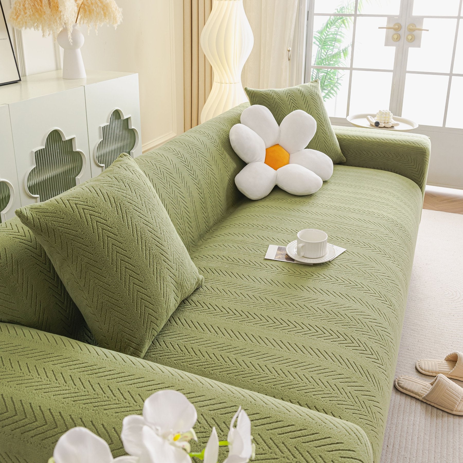 High Stretch Herringbone Textured Slipcover for Standard & L-Shaped Sectional Couches