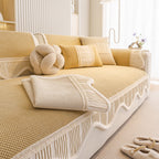 Washable Sofa Throw Pad, Non-Slip Sofa Mat Cozy Couch Slipcover with Soft Furry Trim