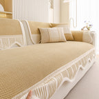 Washable Sofa Throw Pad, Non-Slip Sofa Mat Cozy Couch Slipcover with Soft Furry Trim