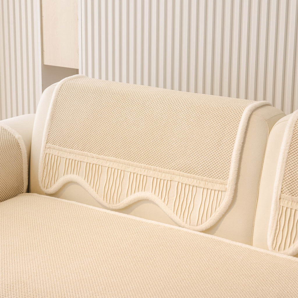 Washable Sofa Throw Pad, Non-Slip Sofa Mat Cozy Couch Slipcover with Soft Furry Trim