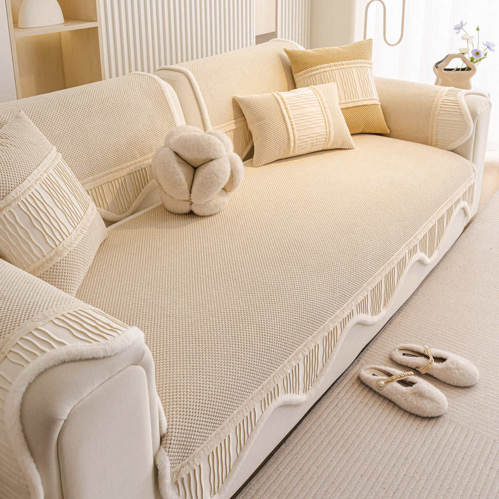 Washable Sofa Throw Pad, Non-Slip Sofa Mat Cozy Couch Slipcover with Soft Furry Trim