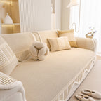 Washable Sofa Throw Pad, Non-Slip Sofa Mat Cozy Couch Slipcover with Soft Furry Trim