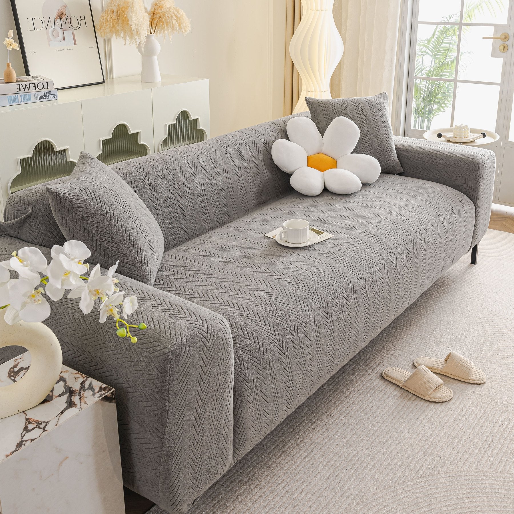 High Stretch Herringbone Textured Slipcover for Standard & L-Shaped Sectional Couches