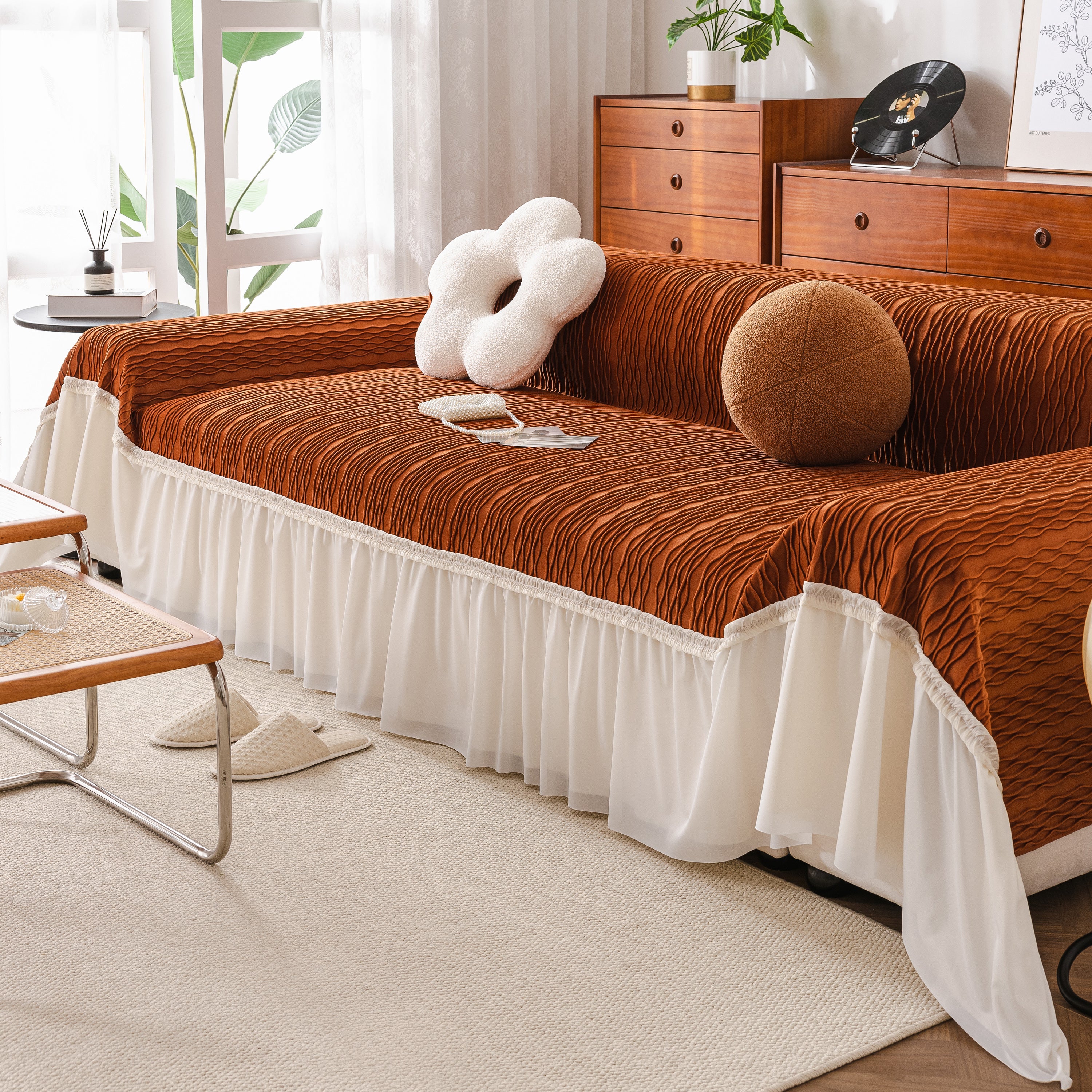 Soft Warm Flannel Couch Cover Throw Blanket with French Flounce, Beautiful Furniture Throws for Sofas