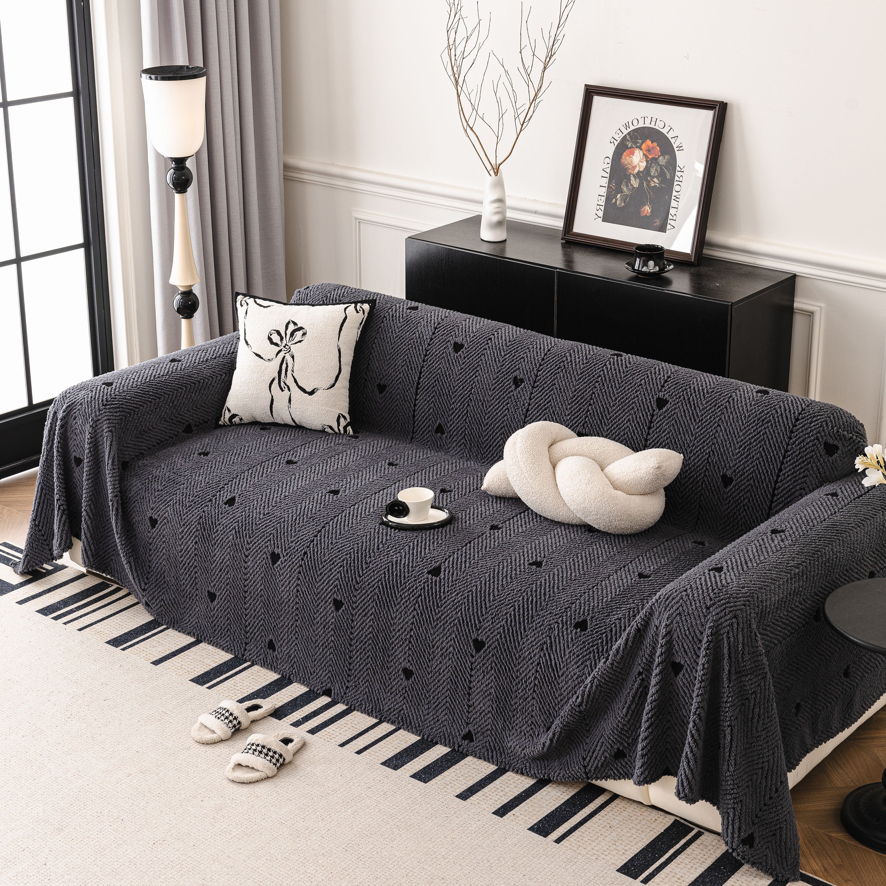Thick Plush Sofa Cover Throw for Couch, 3D Textured Herringbone Washable Slipcover