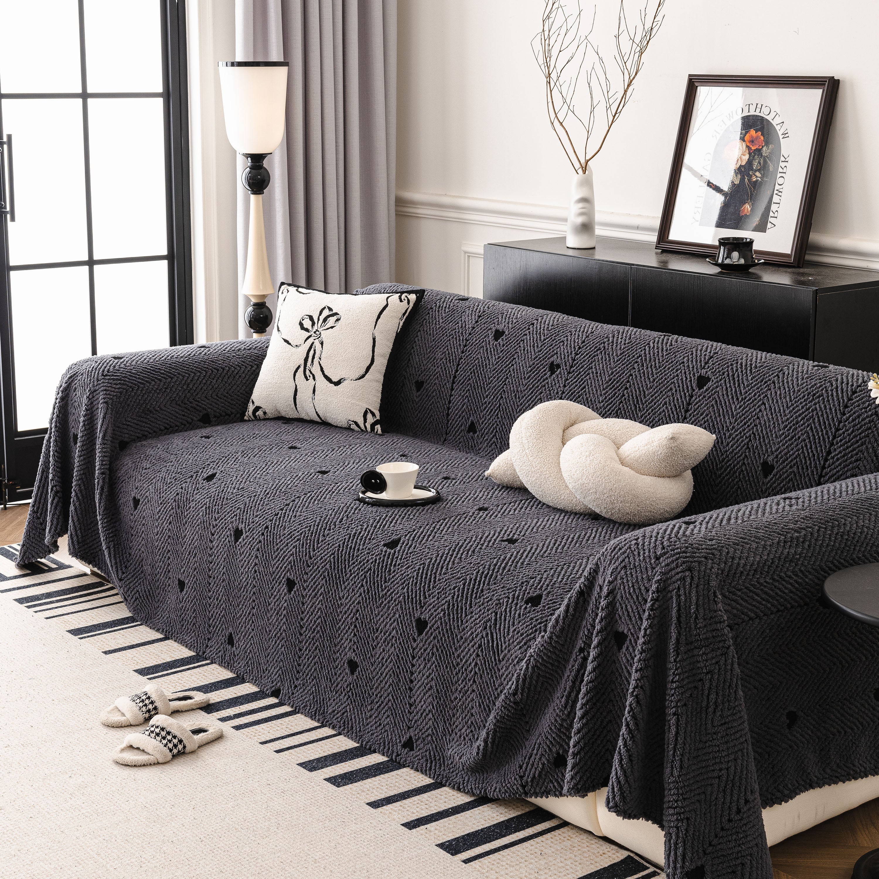 Thick Plush Sofa Cover Throw for Couch, 3D Textured Herringbone Washable Slipcover