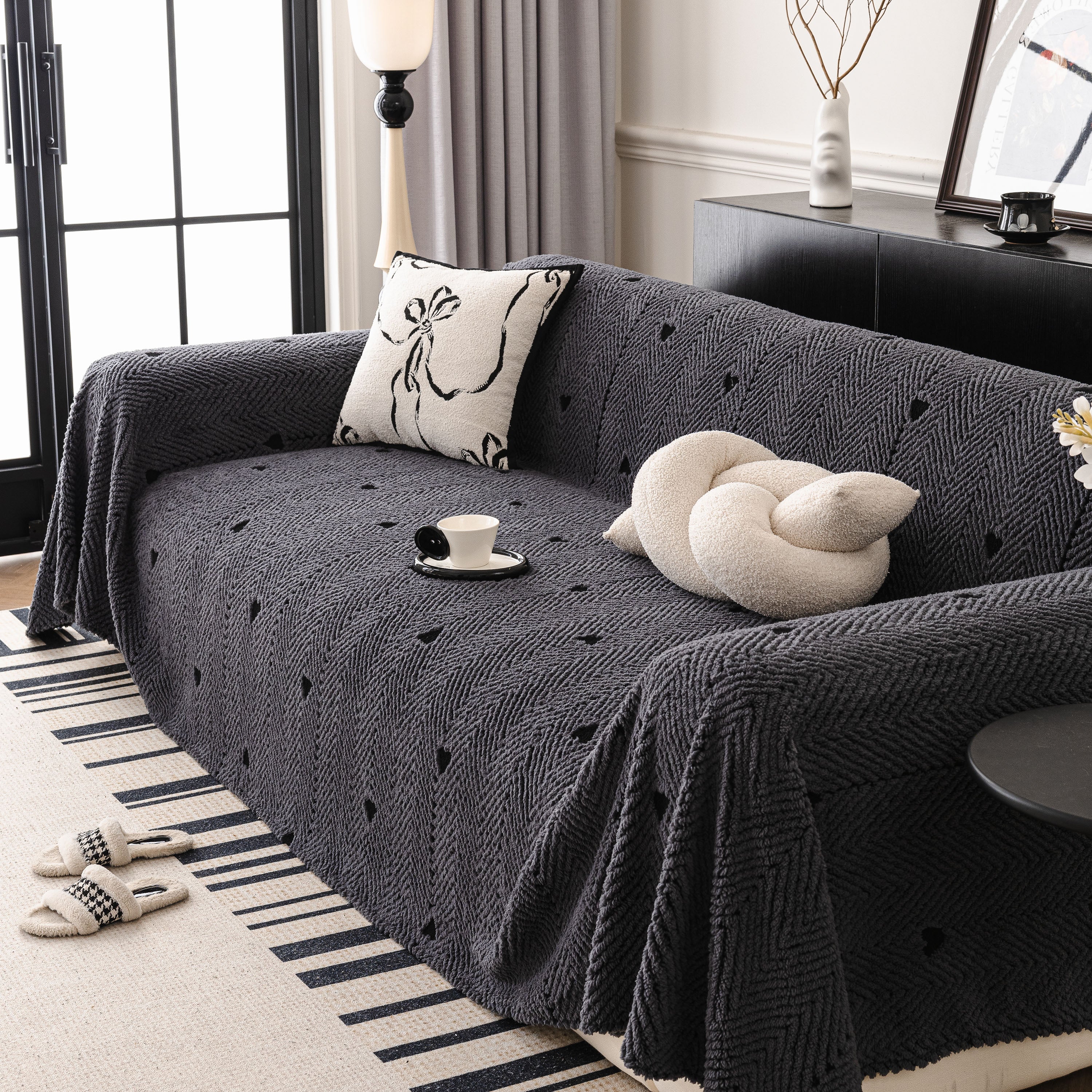 Thick Plush Sofa Cover Throw for Couch, 3D Textured Herringbone Washable Slipcover