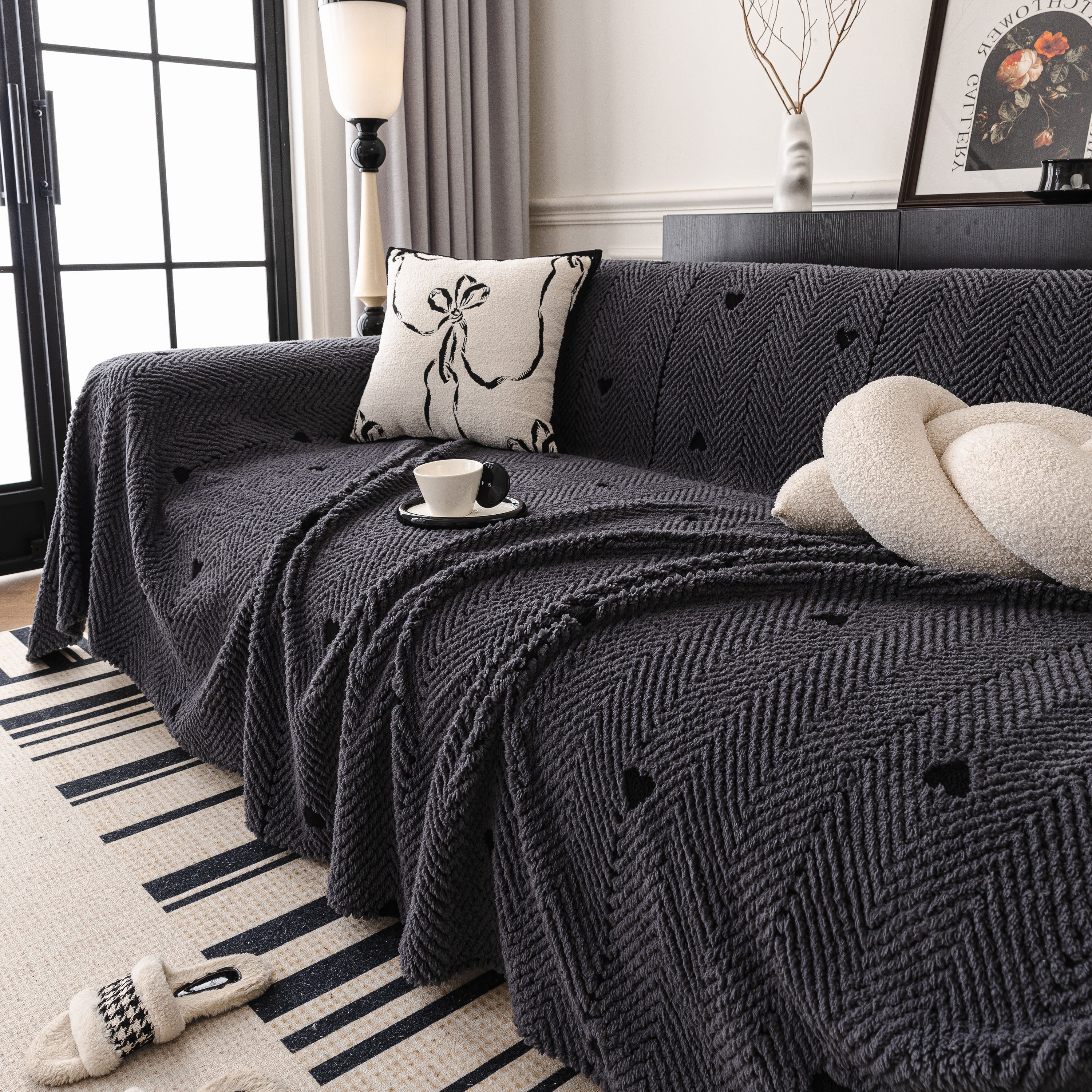 Thick Plush Sofa Cover Throw for Couch, 3D Textured Herringbone Washable Slipcover