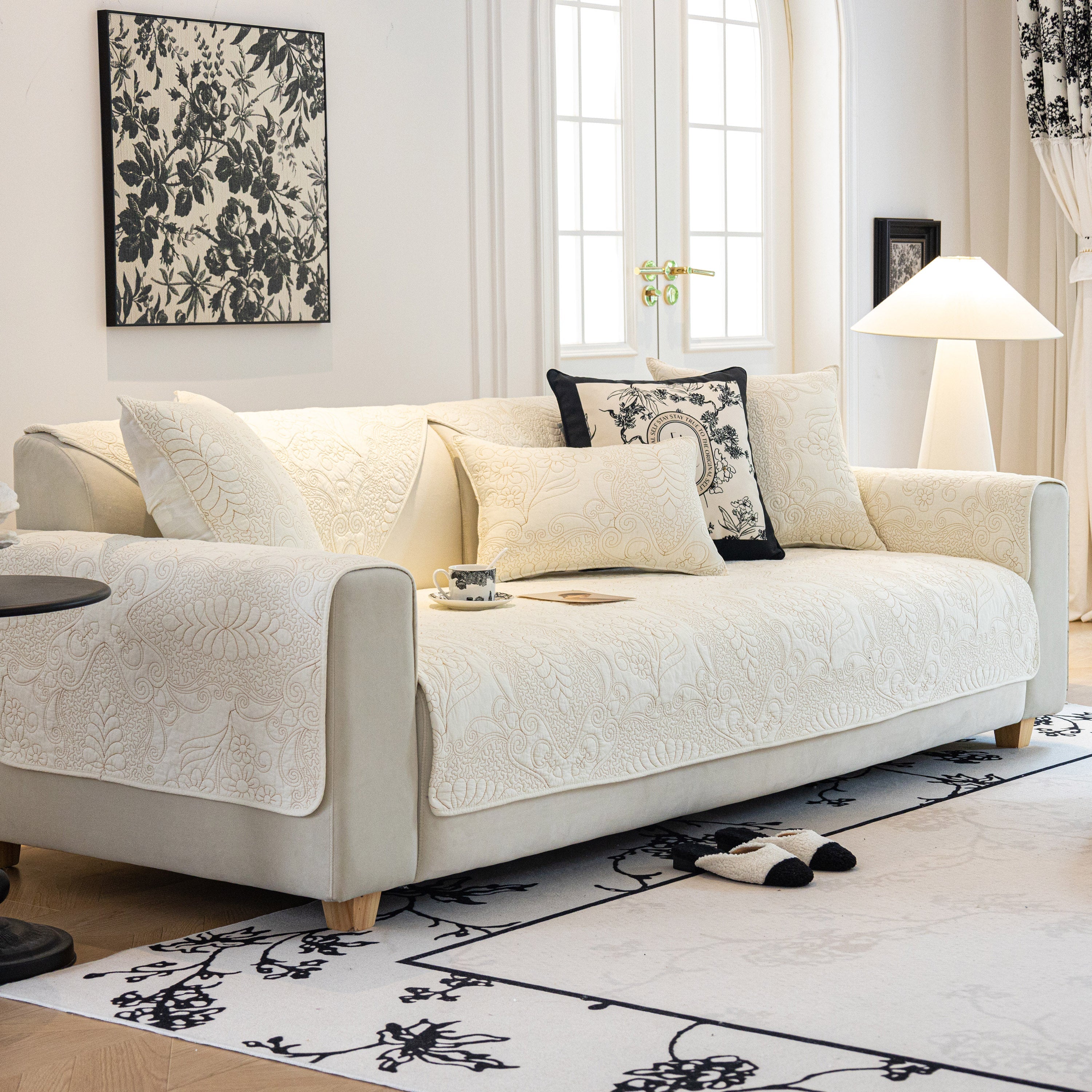 Baroque Floral Quilted Cotton Sofa Cover, Non-Slip Washable Couch Protector