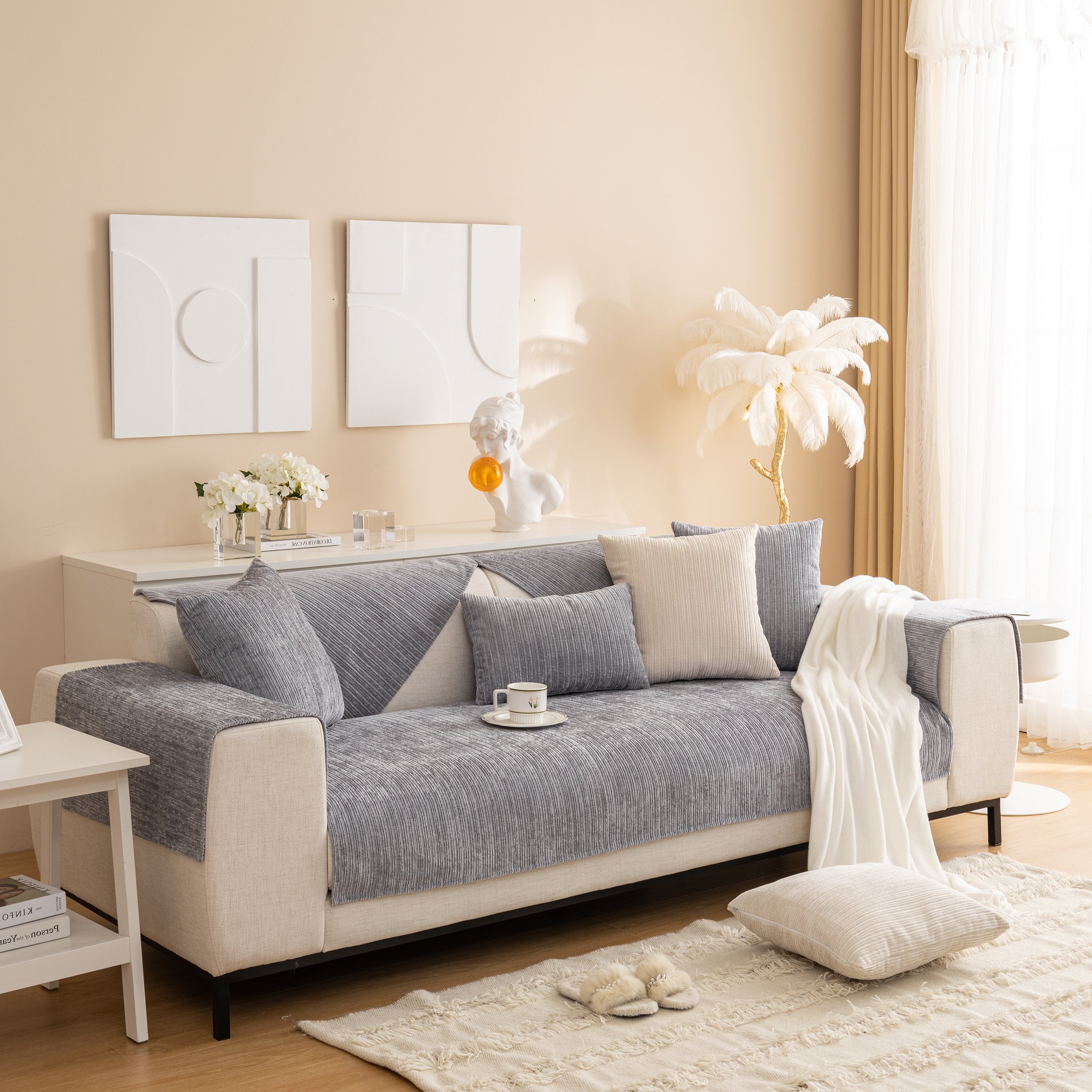 Plush Solid Color Striped Sofa Cover, Washable Non-Slip Textured Couch Seat Pad