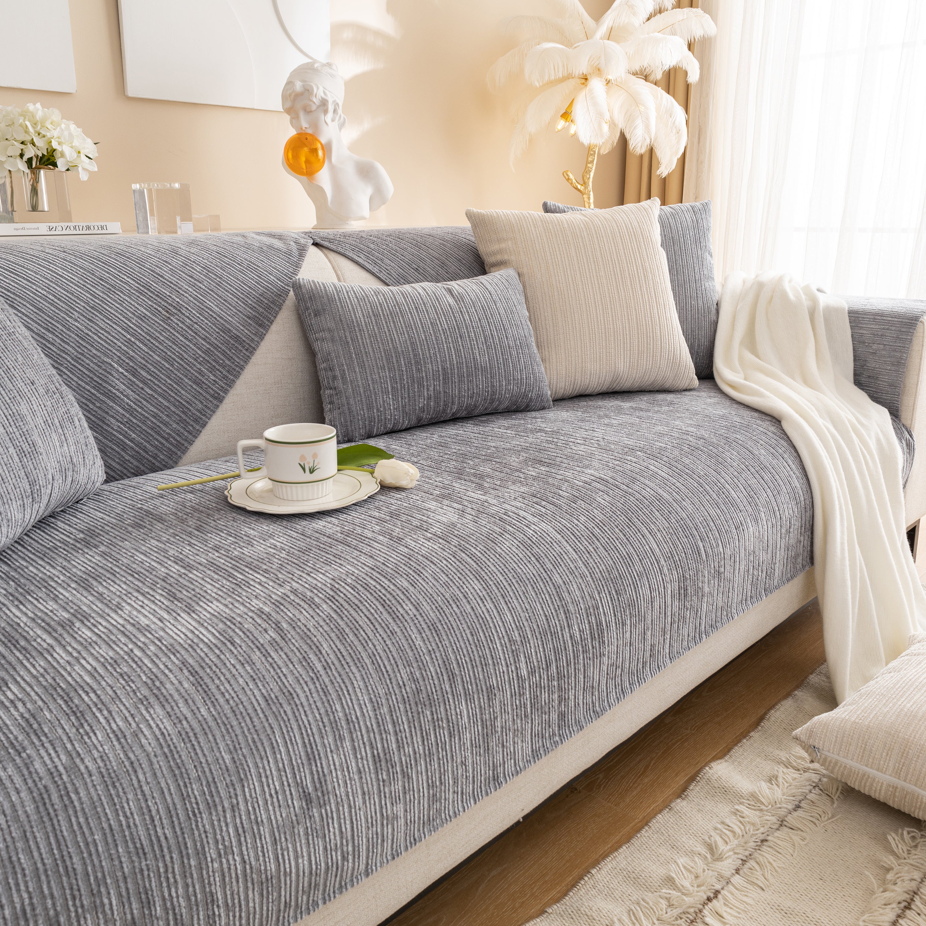 Plush Solid Color Striped Sofa Cover, Washable Non-Slip Textured Couch Seat Pad