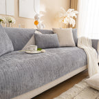 Plush Solid Color Striped Sofa Cover, Washable Non-Slip Textured Couch Seat Pad