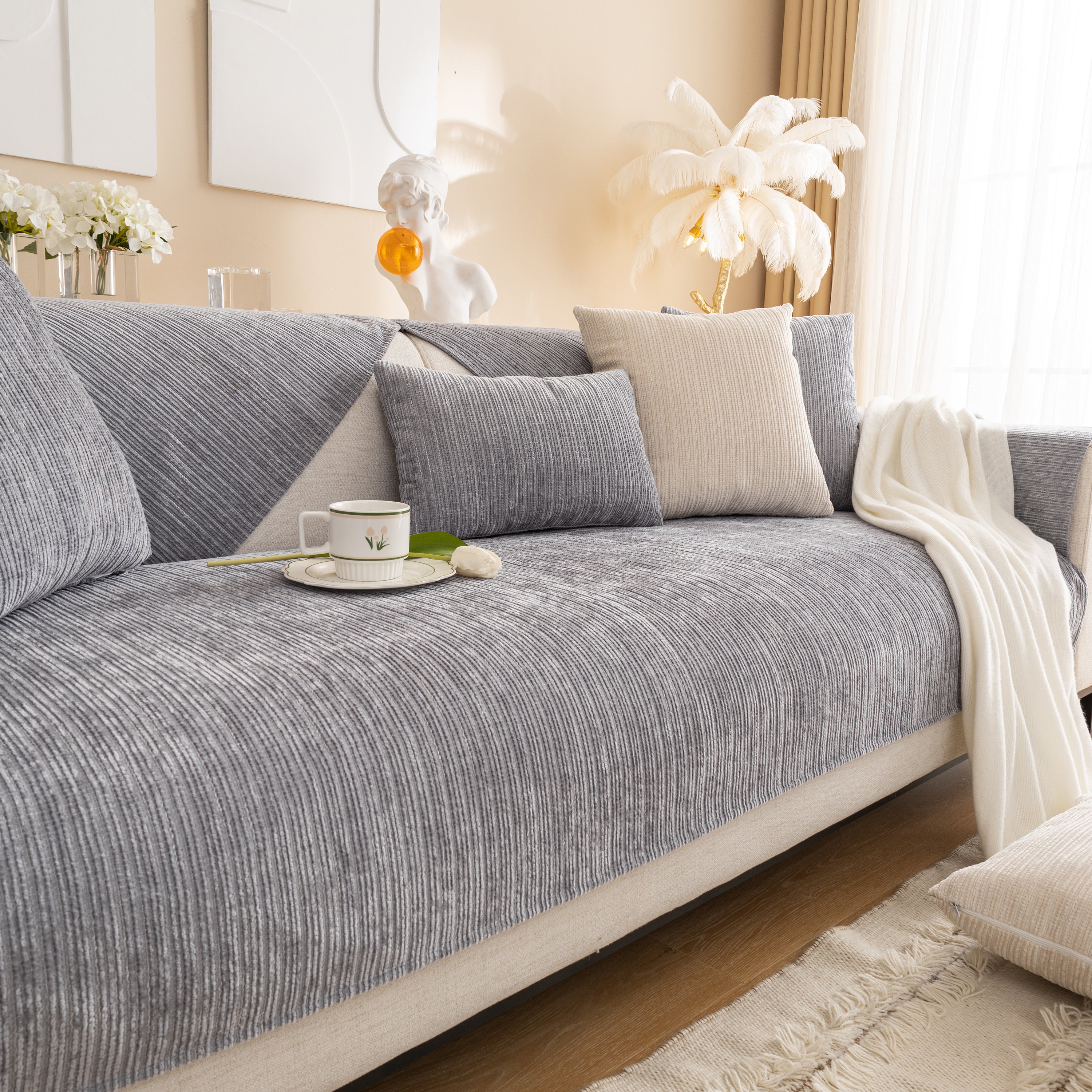 Plush Solid Color Striped Sofa Cover, Washable Non-Slip Textured Couch Seat Pad