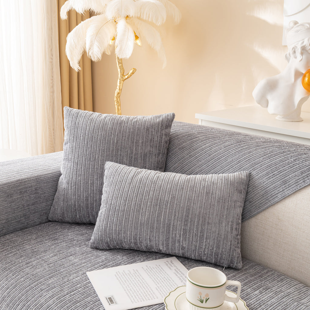 Plush Solid Color Striped Sofa Cover, Washable Non-Slip Textured Couch Seat Pad