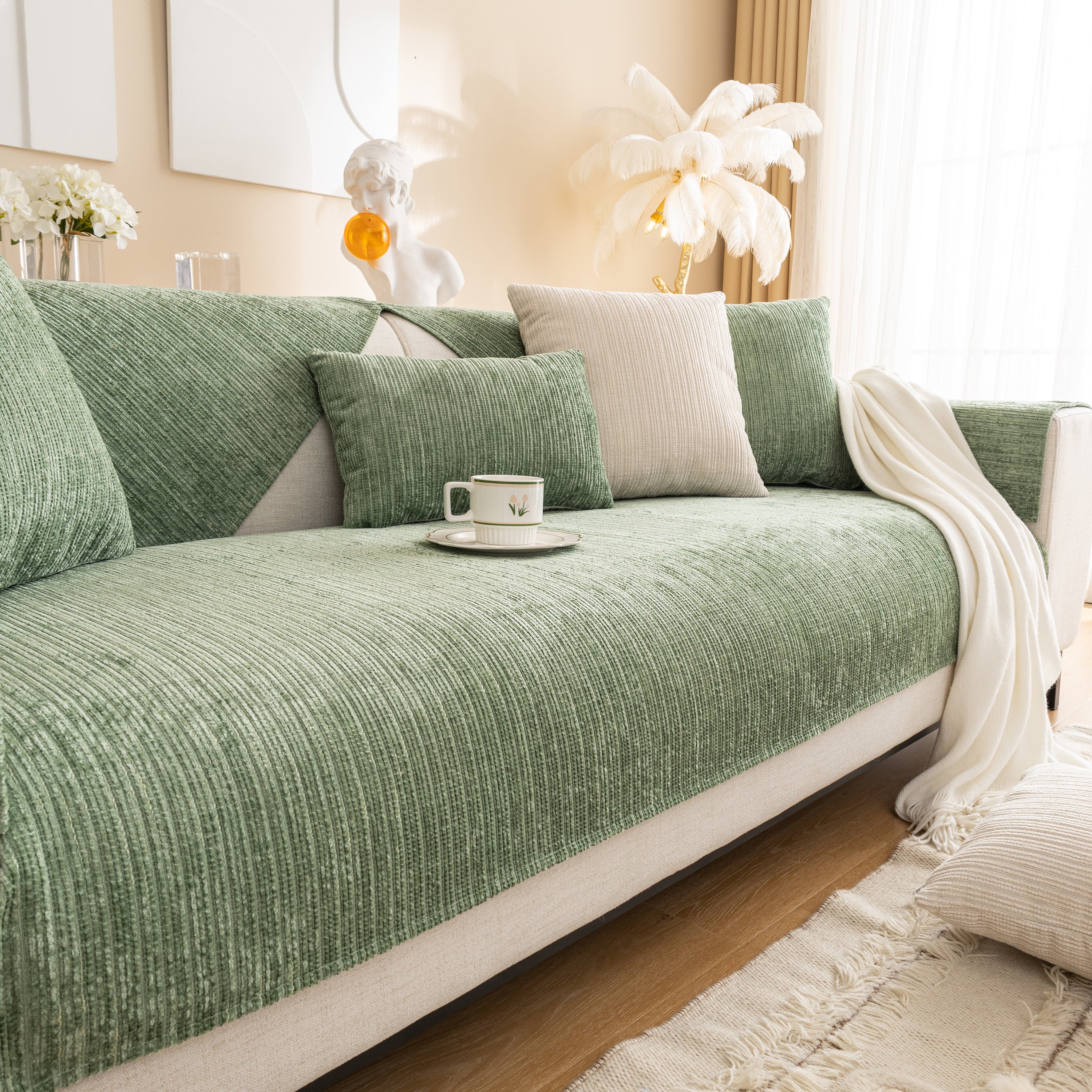 Plush Solid Color Striped Sofa Cover, Washable Non-Slip Textured Couch Seat Pad