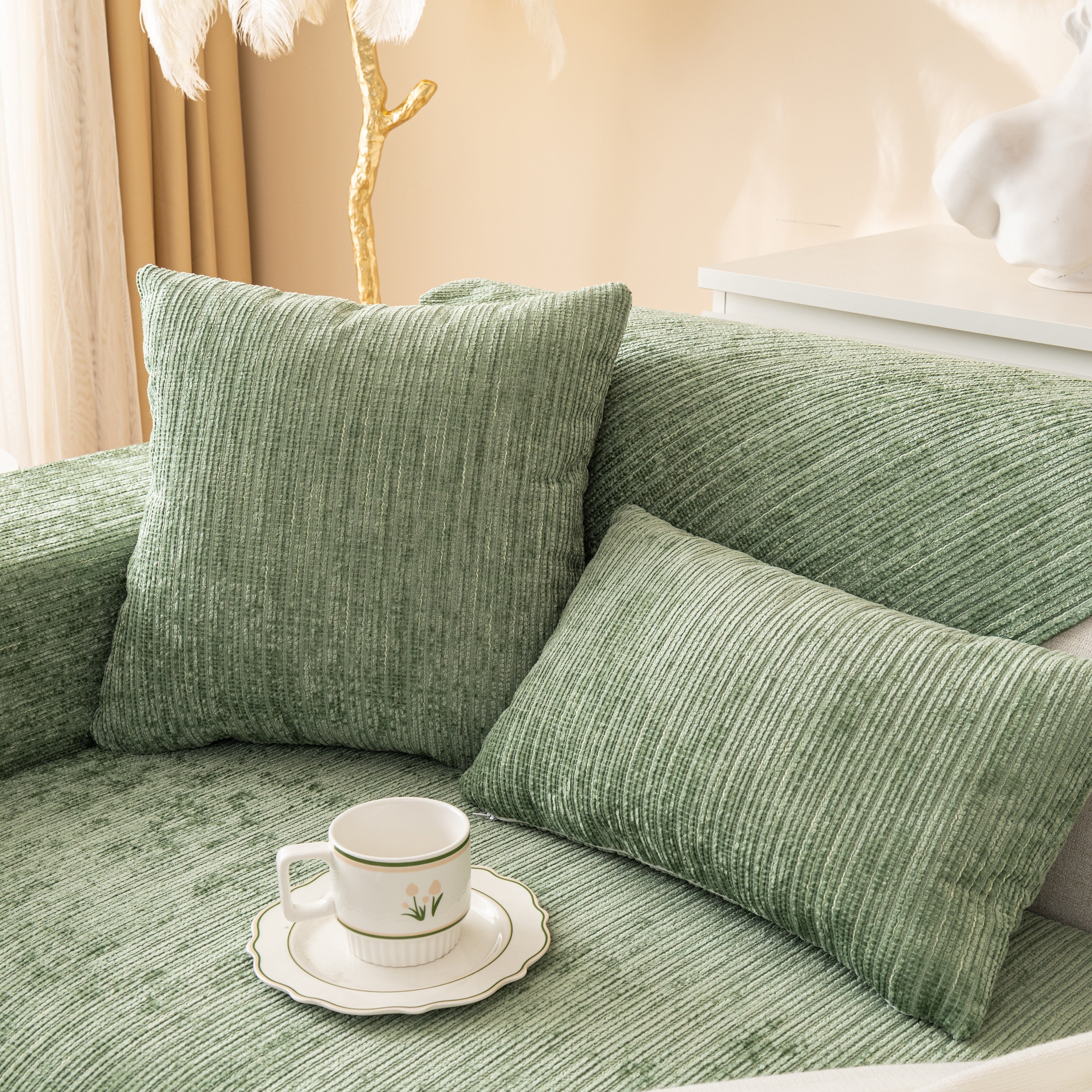 Plush Solid Color Striped Sofa Cover, Washable Non-Slip Textured Couch Seat Pad