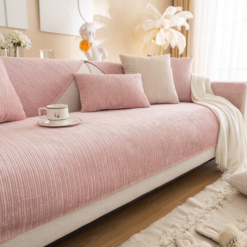Plush Solid Color Striped Sofa Cover, Washable Non-Slip Textured Couch Seat Pad