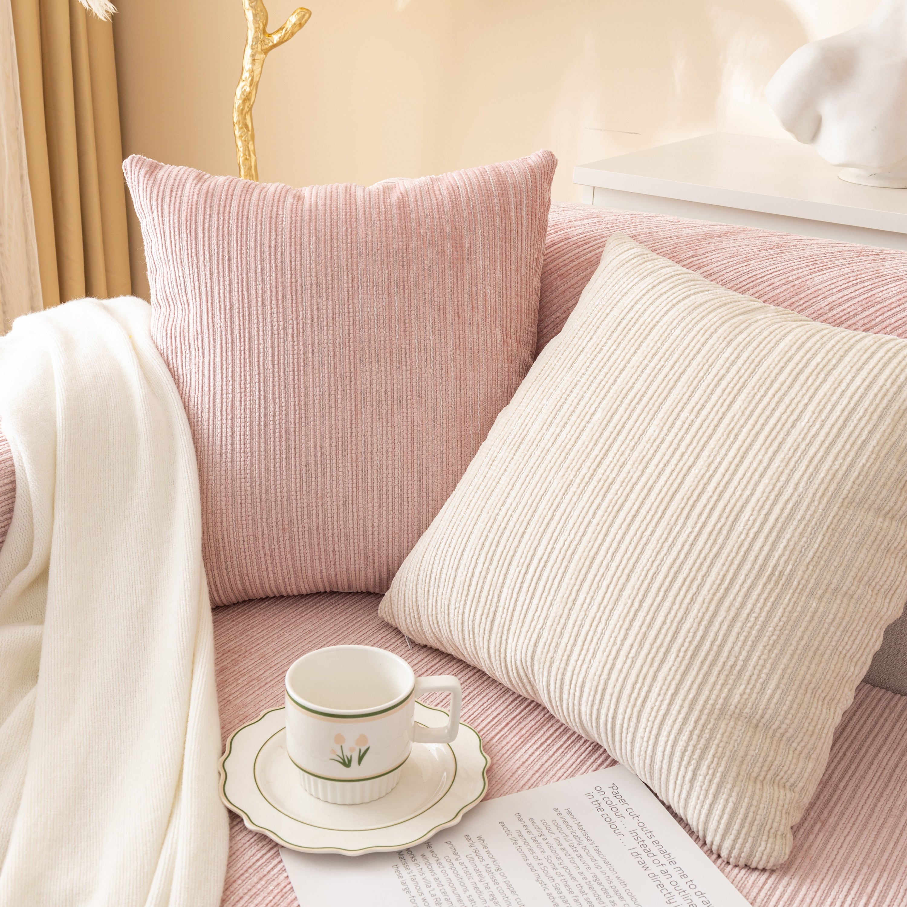 Plush Solid Color Striped Sofa Cover, Washable Non-Slip Textured Couch Seat Pad