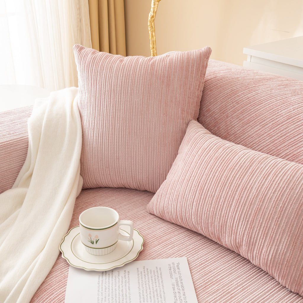 Plush Solid Color Striped Sofa Cover, Washable Non-Slip Textured Couch Seat Pad