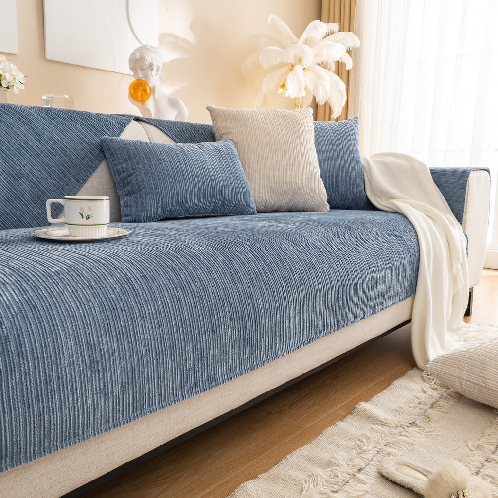 Plush Solid Color Striped Sofa Cover, Washable Non-Slip Textured Couch Seat Pad