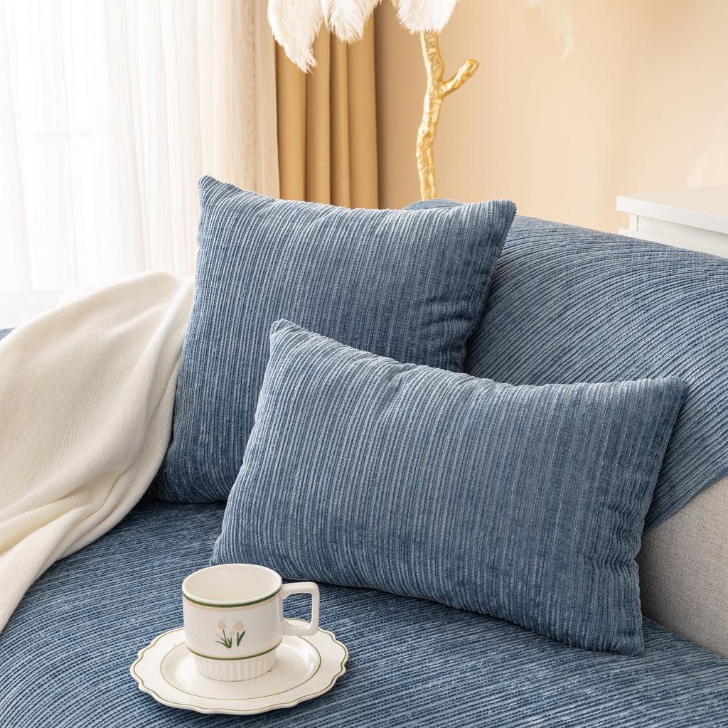 Plush Solid Color Striped Sofa Cover, Washable Non-Slip Textured Couch Seat Pad
