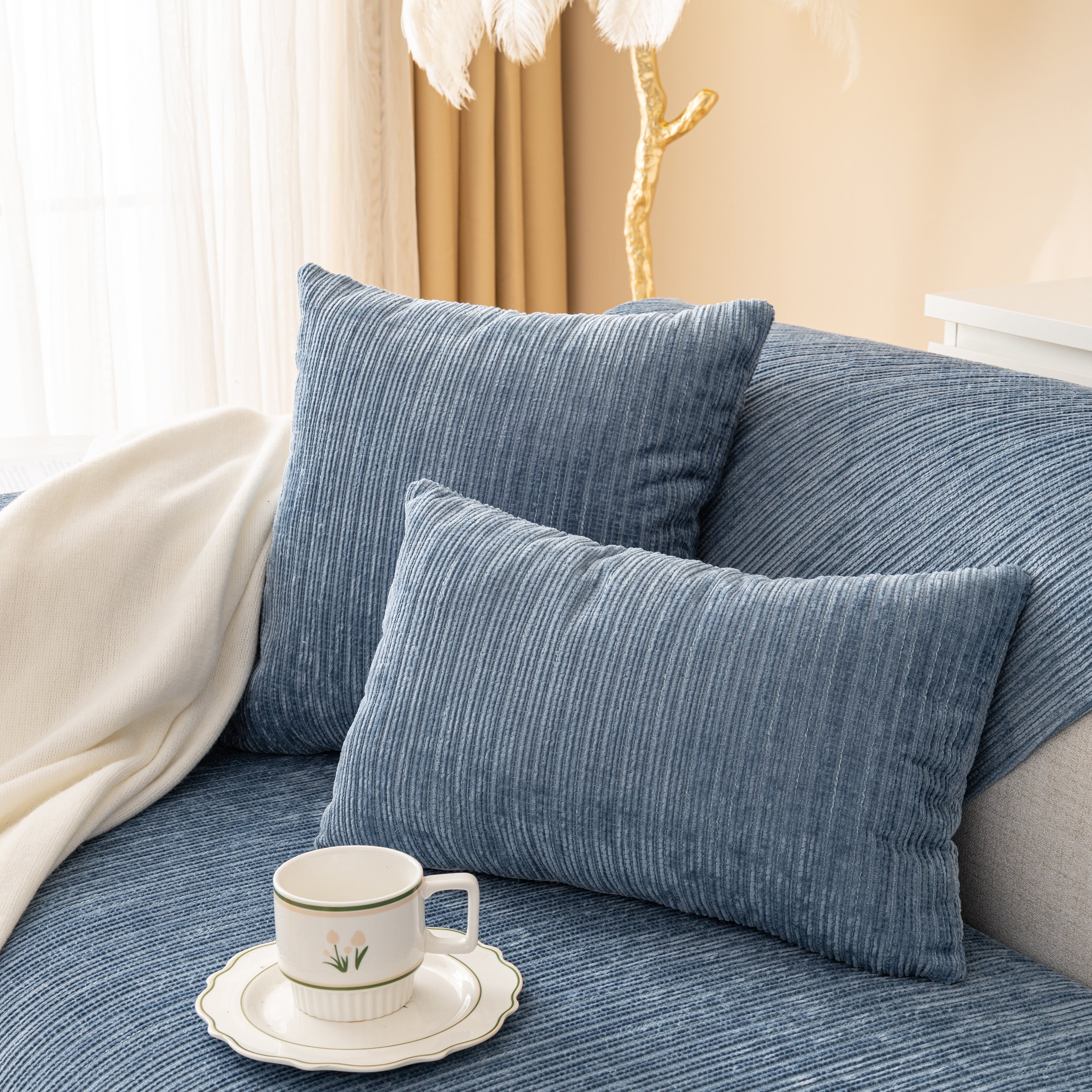 Plush Solid Color Striped Sofa Cover, Washable Non-Slip Textured Couch Seat Pad