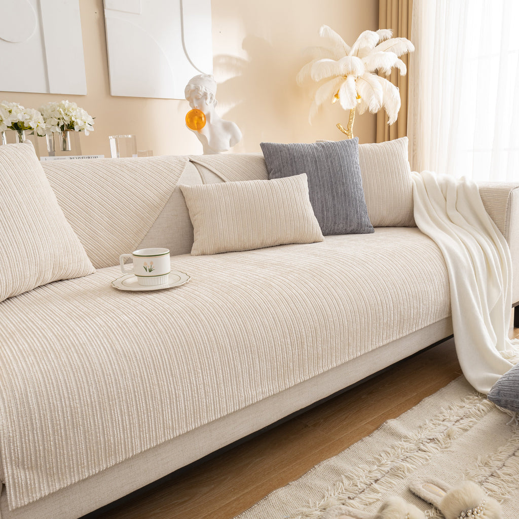 Plush Solid Color Striped Sofa Cover, Washable Non-Slip Textured Couch Seat Pad