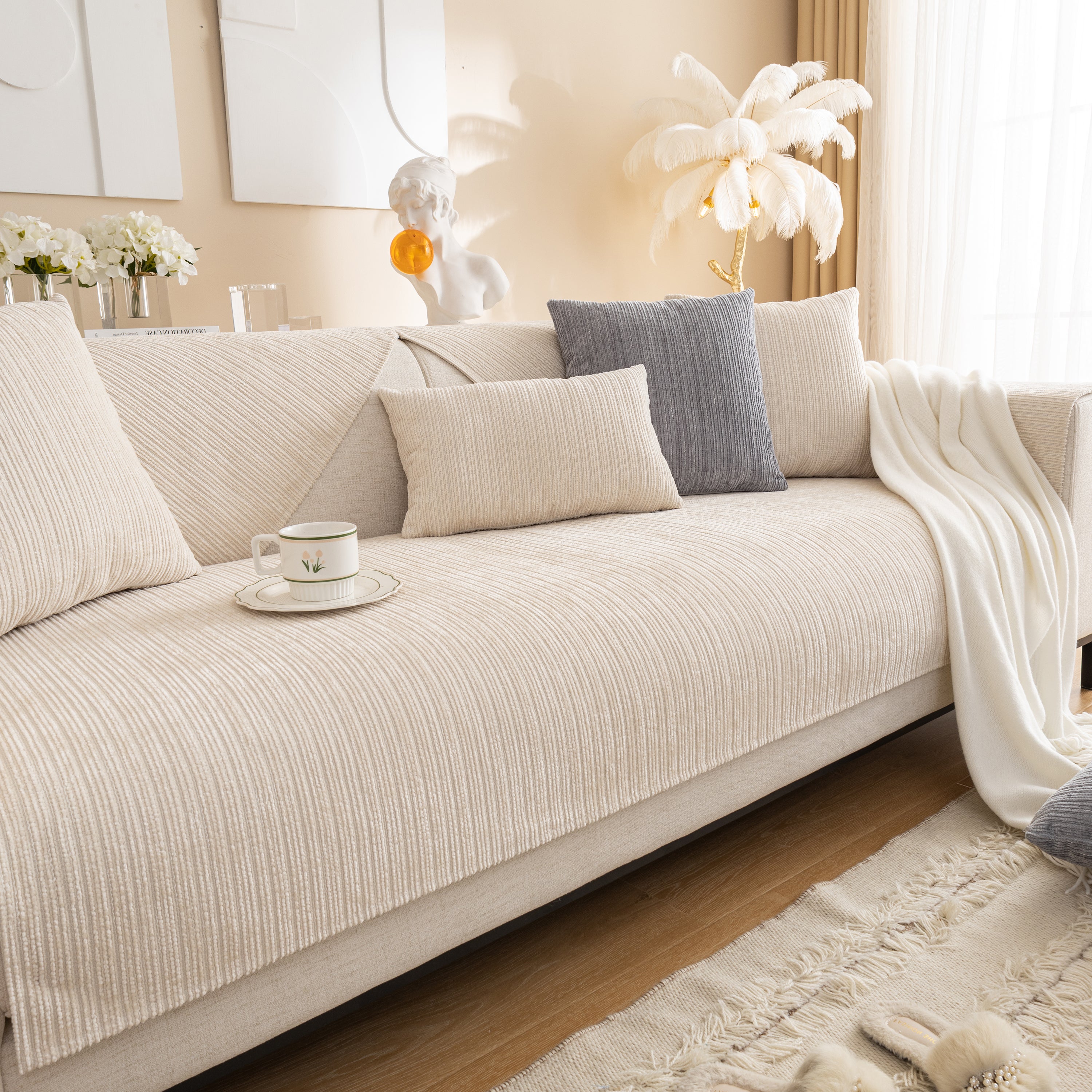 Plush Solid Color Striped Sofa Cover, Washable Non-Slip Textured Couch Seat Pad