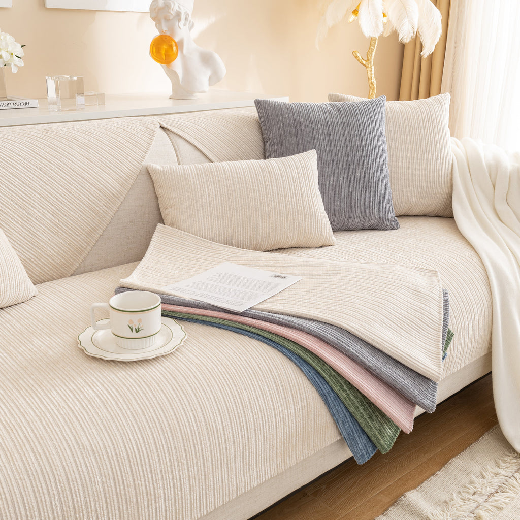Plush Solid Color Striped Sofa Cover, Washable Non-Slip Textured Couch Seat Pad