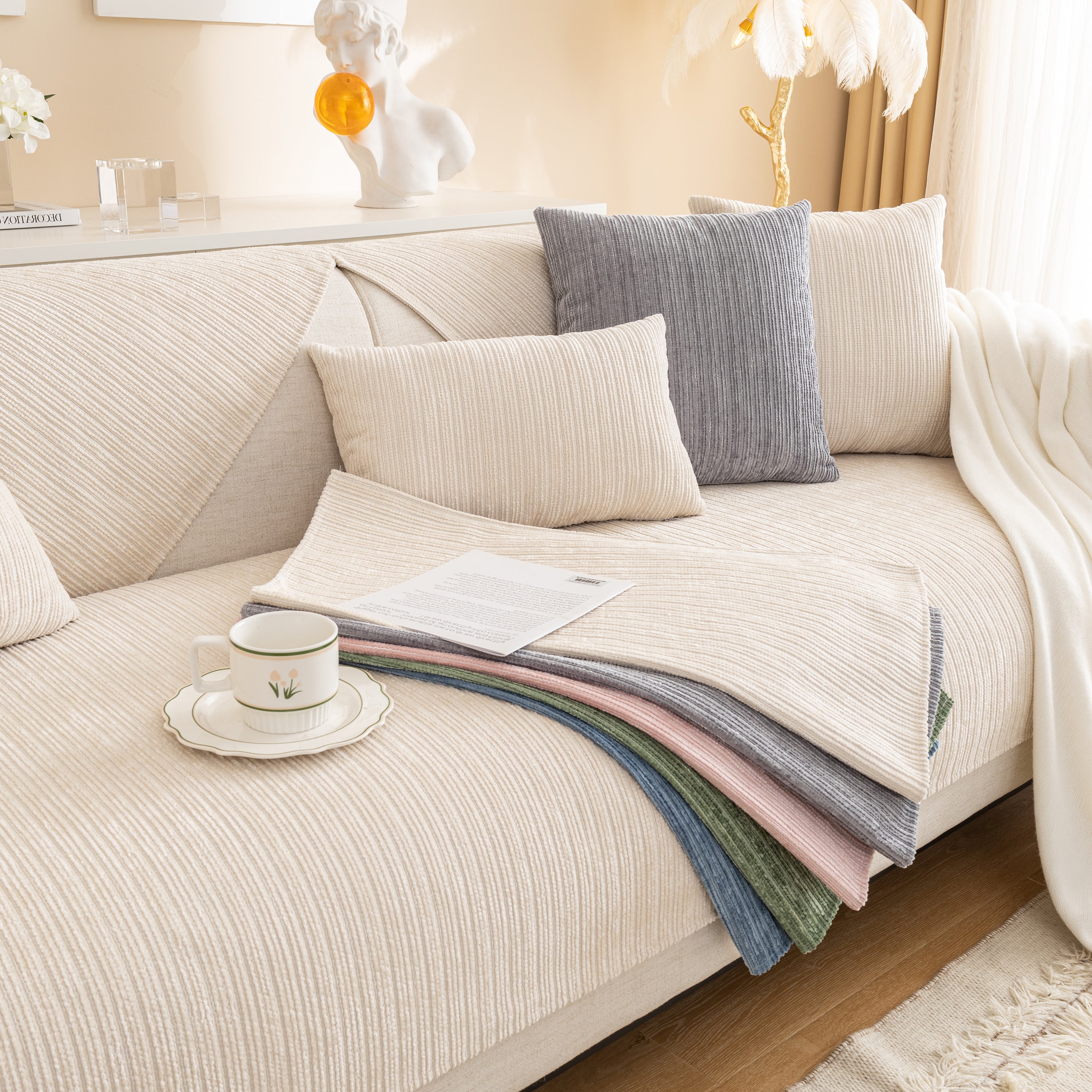 Plush Solid Color Striped Sofa Cover, Washable Non-Slip Textured Couch Seat Pad