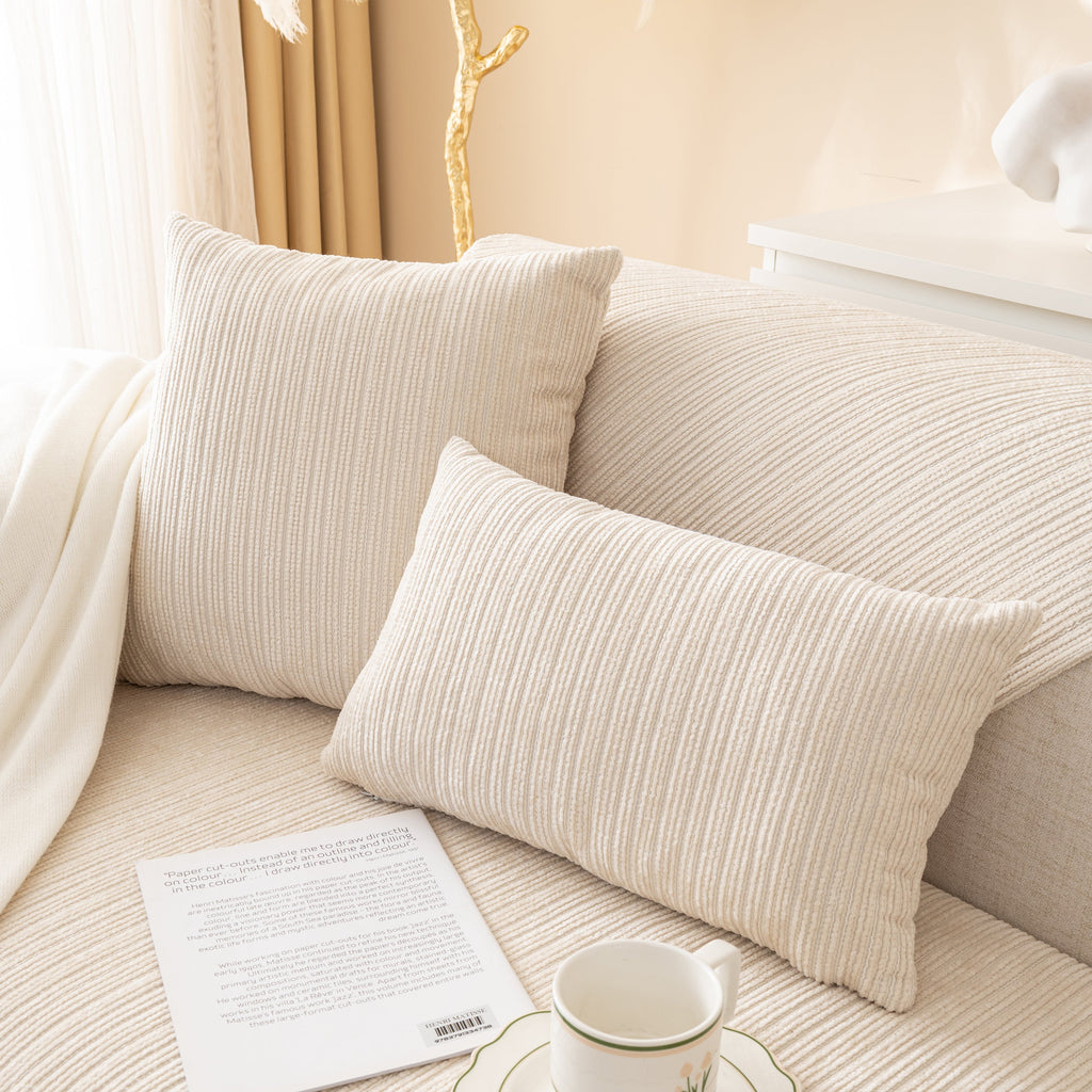 Plush Solid Color Striped Sofa Cover, Washable Non-Slip Textured Couch Seat Pad