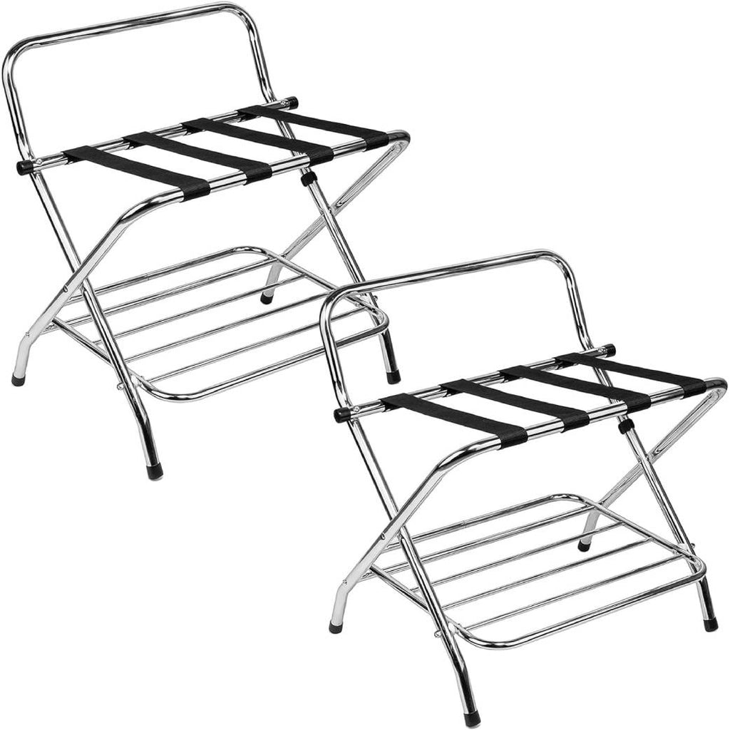 2-Shelf Foldable Luggage Rack with Nylon Straps, High-Back Support, Chrome Finish