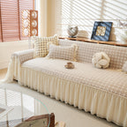 Grid Textured Sofa Cover with Sheer Ruffle Skirt, Pet-Friendly Sofa Throw Slipcover