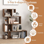 5-Tier S-Shaped Bookshelf with Open Cubes - Rustic Brown