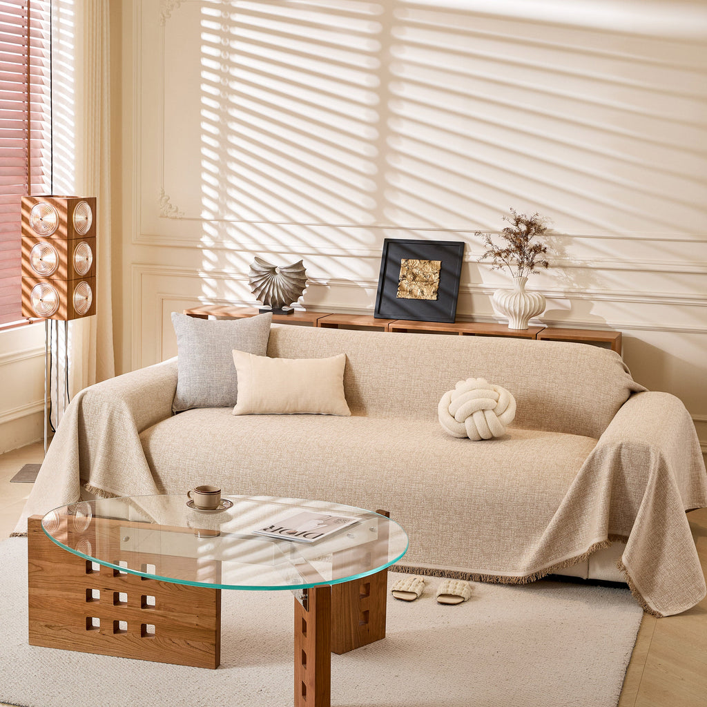 Linen-Look Textured Couch Throw Cover, Breathable Sofa Blanket & Furniture Protector