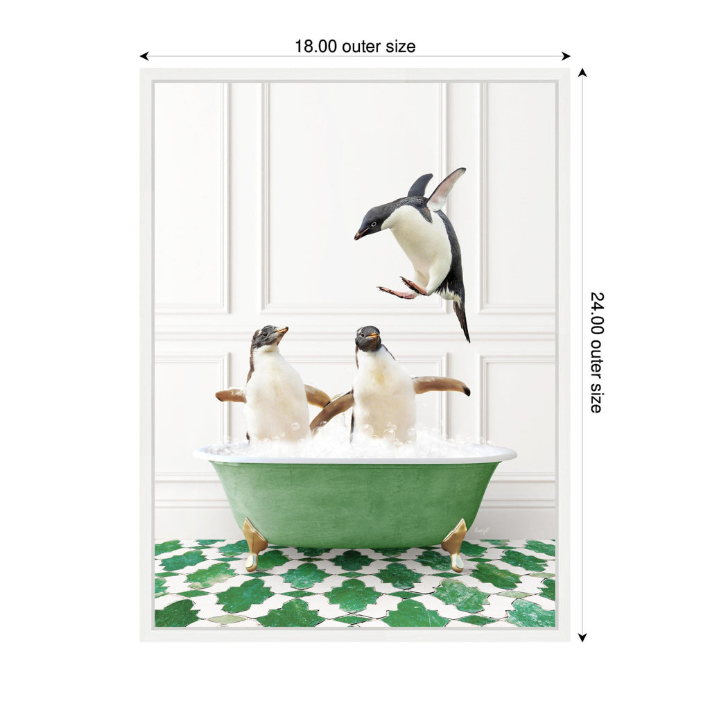 Sylvie Penguins in Eclectic Green Panel Wall Bathtub Framed Canvas by Amy Peterson