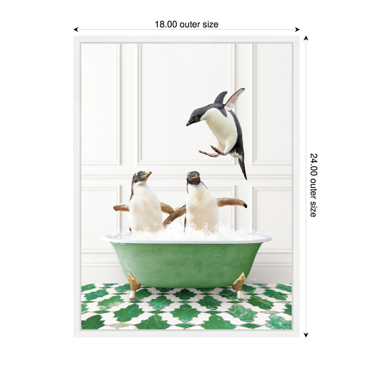 Sylvie Penguins in Eclectic Green Panel Wall Bathtub Framed Canvas by Amy Peterson