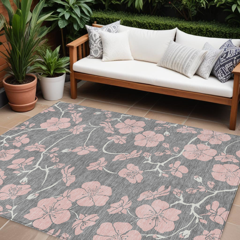 9' X 12' Gray Pink And Ivory Floral Washable Indoor Outdoor Area Rug