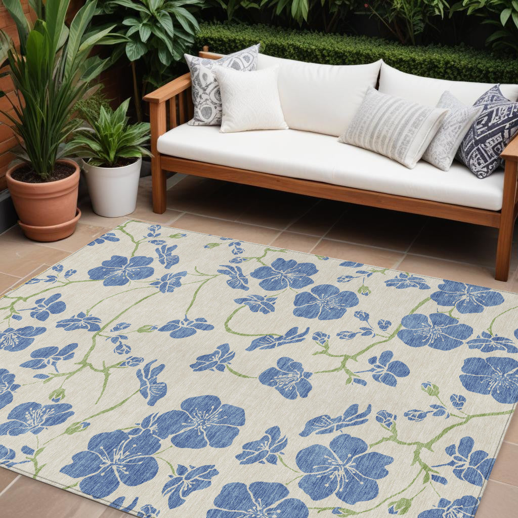 9' X 12' Linen Blue And Green Floral Washable Indoor Outdoor Area Rug