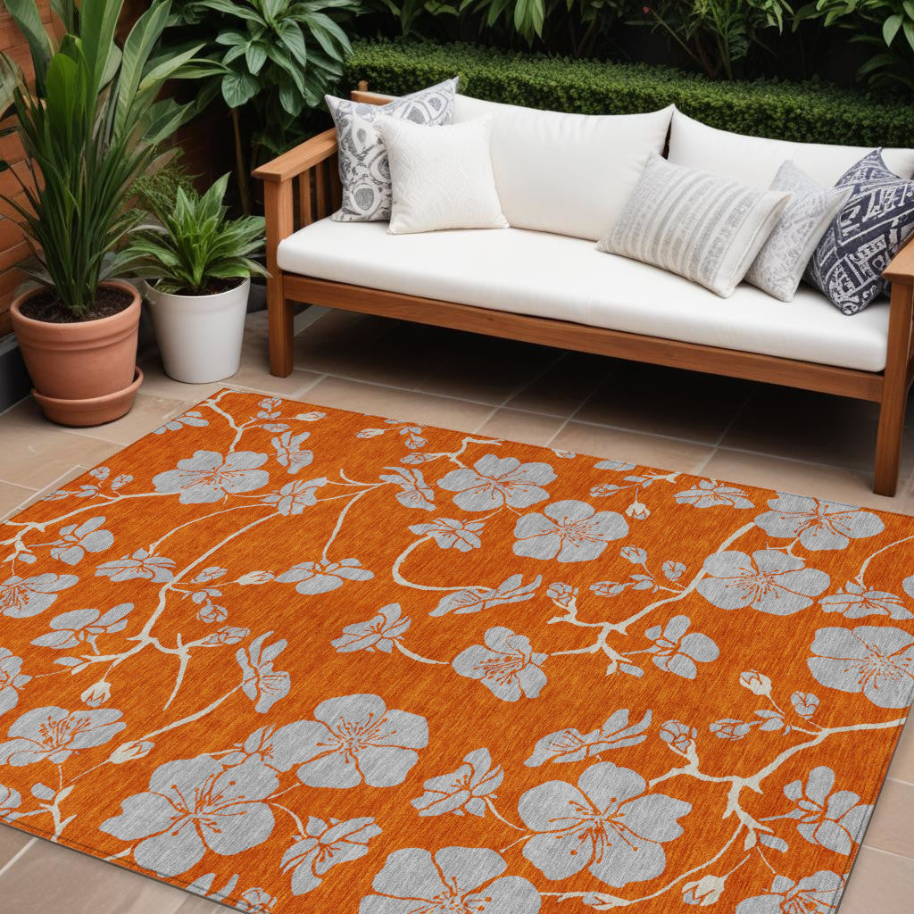 10' X 14' Orange And Gray Floral Washable Indoor Outdoor Area Rug