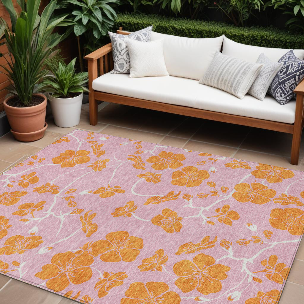 9' X 12' Pink And Copper Floral Washable Indoor Outdoor Area Rug