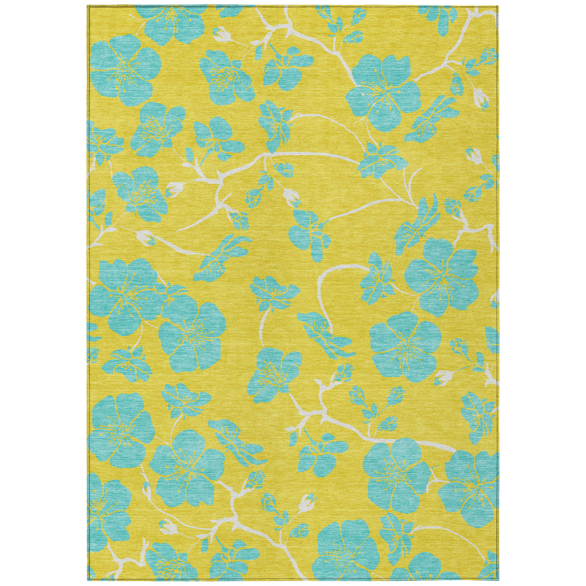 8' X 10' Yellow And Aqua Floral Washable Indoor Outdoor Area Rug