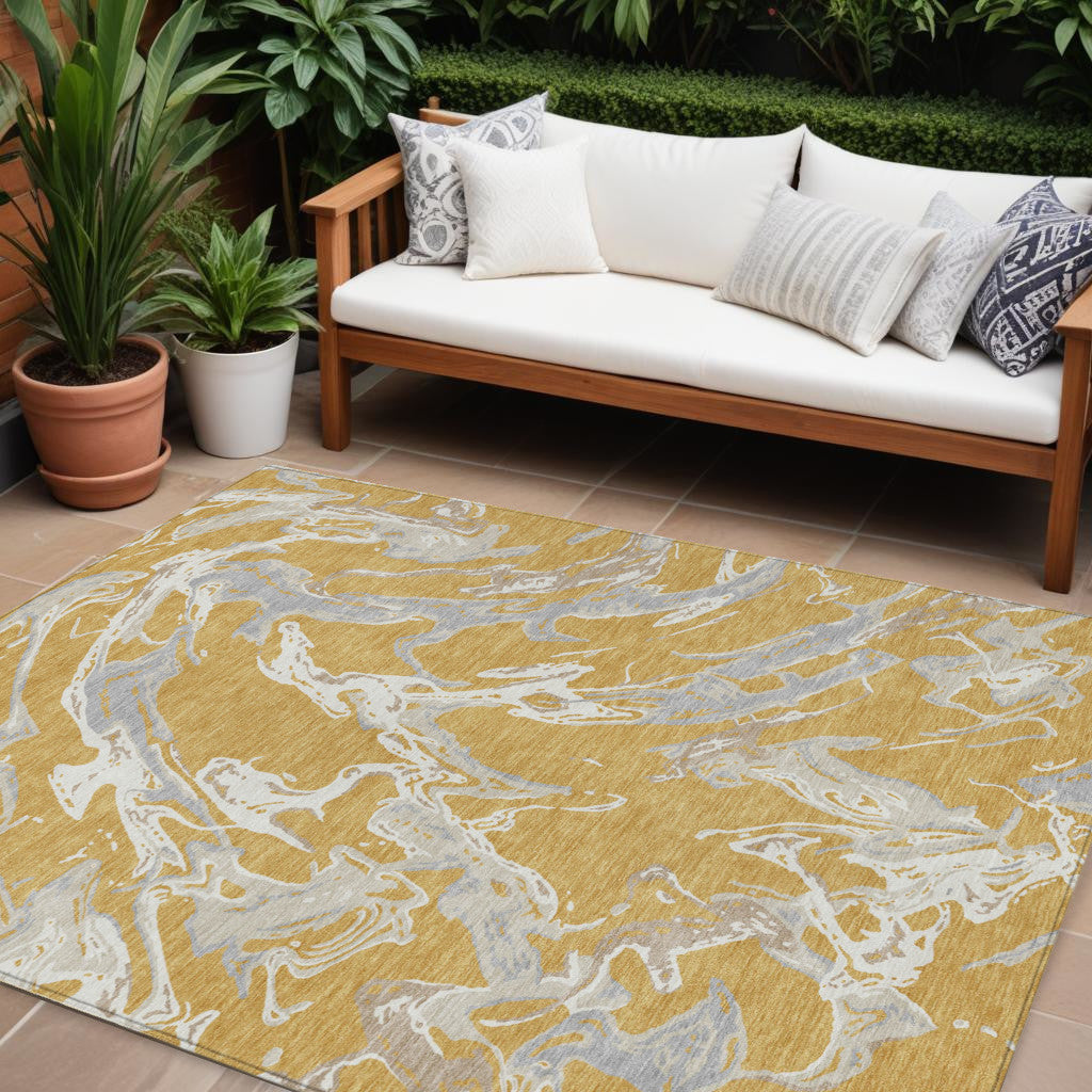 9' X 12' Gold Gray And Ivory Abstract Washable Indoor Outdoor Area Rug