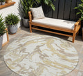 8' Ivory Gold And Brown Round Abstract Washable Indoor Outdoor Area Rug